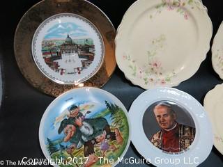 Assortment of collector plates bowls and a candy thermometer 