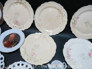 Assortment of collector plates bowls and a candy thermometer 