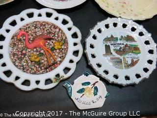 Assortment of collector plates bowls and a candy thermometer 