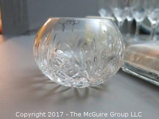 Collection including (7) Dansk cups/saucers, (7) Seneca crystal stems, (2) Samabor handblown crystal bowls, Servin hand painted ceramic bowl, glass butter dish with stamped aluminum cover, (2) Waterford crystal stems and a "cat" plate from Eldreth Pottery  