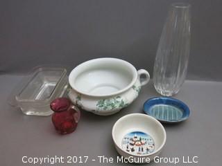 Collection including Pilgrim Cranberry Glass pitcher, tall crystal vase and Vignelli Heller loaf pan 