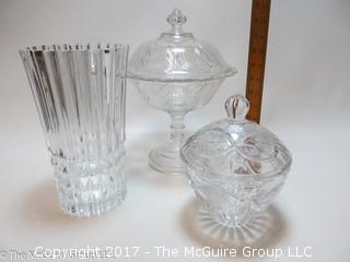 Assorted crystal including (2) covered compotes and a tall vase 