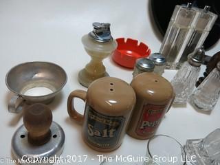 Assortment including salt and pepper sets, alabaster lighter and ceramic tart plate/server