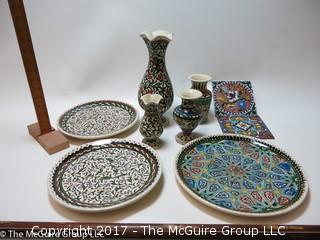 Collection of Vintage Cini Turkish Kutahya Ceramic Wall Plates, Vases, and Trivets