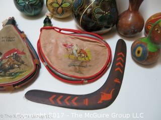 Assortment including leather canteens, boomerang and hand painted crafts 