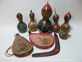 Assortment including leather canteens, boomerang and hand painted crafts 