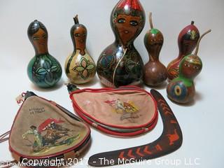 Assortment including leather canteens, boomerang and hand painted crafts 