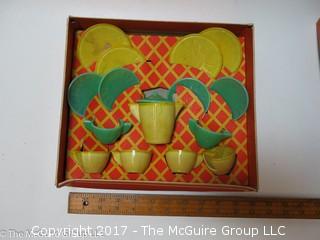 Children's glass dish set in original box (Note: lower right cup needs repair) 