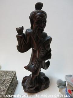 Collection including jewelry box and figurative wood carvings 