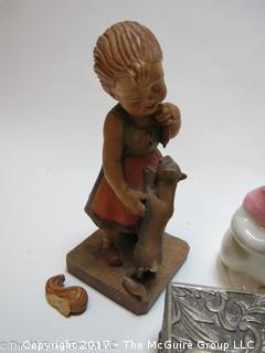 Collection including jewelry box and figurative wood carvings 