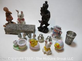 Collection including jewelry box and figurative wood carvings 