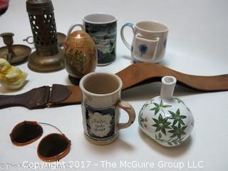 Collection including wood carved elephant bookends (missing 1 tusk), Barber's leather razor strap and vintage clip on sun glasses 