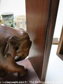 Collection including wood carved elephant bookends (missing 1 tusk), Barber's leather razor strap and vintage clip on sun glasses 