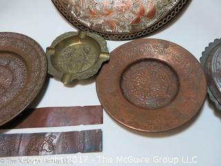 Assortment of brass and copper including decorative wall plate 