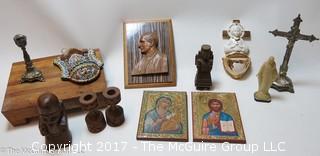 Collection including crucifix, cutting board and Papal wall plaque