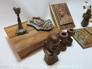 Collection including crucifix, cutting board and Papal wall plaque