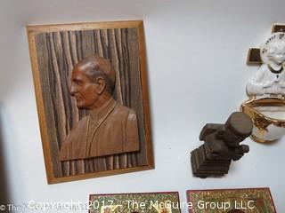 Collection including crucifix, cutting board and Papal wall plaque