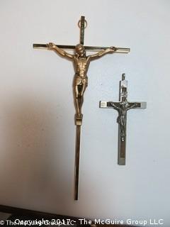 Assortment of crucifixes, mirrored bases, vanity mirror and brush 