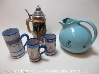 Collection including vintage USA marked pitcher, Western Germany beer stein and faience painted cups  