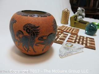 Collection including Irish Kerry Glass, stacked ceramic pigs, and wooden trivets