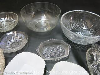 Collection of mostly clear glass serving ware 