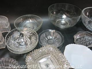 Collection of mostly clear glass serving ware 