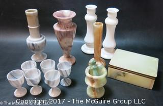 Collection of stone vases, stems and box