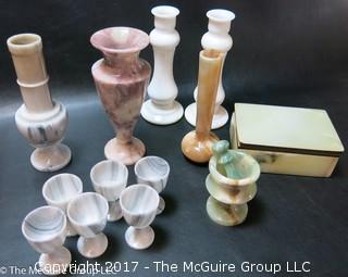 Collection of stone vases, stems and box