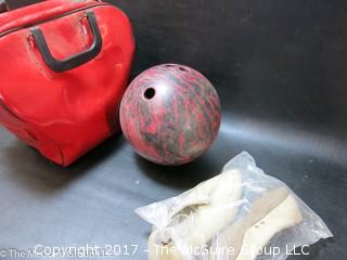 Sears bowling ball, shoes and carrying bag