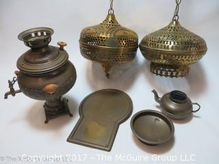 Collection of brass including (2) hanging lights and a samovar