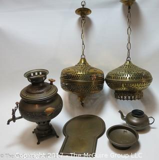 Collection of brass including (2) hanging lights and a samovar