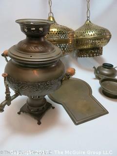 Collection of brass including (2) hanging lights and a samovar