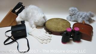 Assortment including Polaroid camera, feline stuffed animals, and tambourine 