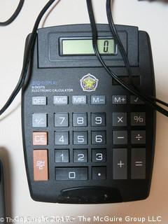 Collection including German drafting set, several clock radios, calculator and stethoscope