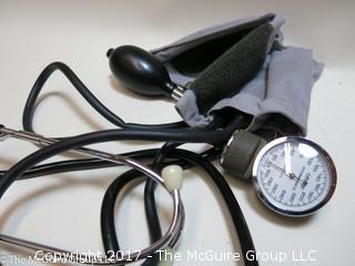 Collection including German drafting set, several clock radios, calculator and stethoscope