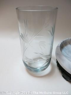 Marble bowl on stand and tall etched glass vase 