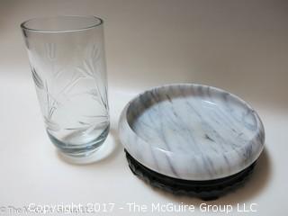 Marble bowl on stand and tall etched glass vase 