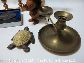 Collection including candleabra, (2) taxidermy turtles and vintage Pan Am paperweight in original box 