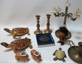 Collection including candleabra, (2) taxidermy turtles and vintage Pan Am paperweight in original box 