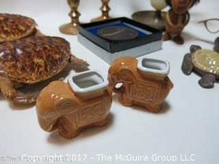 Collection including candleabra, (2) taxidermy turtles and vintage Pan Am paperweight in original box 