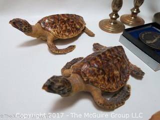 Collection including candleabra, (2) taxidermy turtles and vintage Pan Am paperweight in original box 