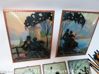 Collection including 5 Antique Vintage Convex bubble glass reverse painted silhouette framed pictures