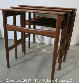 3 Teak Nesting Tables designed by master Danish furniture designer Hans. Wegner and produced by Andreas Tuck (largest is 20 1/2"W x 19T x 15"D) (Description altered 11-6-17 at 13:41ET)