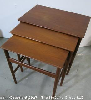 3 Teak Nesting Tables designed by master Danish furniture designer Hans. Wegner and produced by Andreas Tuck (largest is 20 1/2"W x 19T x 15"D) (Description altered 11-6-17 at 13:41ET)