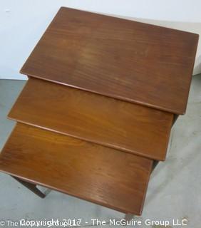 3 Teak Nesting Tables designed by master Danish furniture designer Hans. Wegner and produced by Andreas Tuck (largest is 20 1/2"W x 19T x 15"D) (Description altered 11-6-17 at 13:41ET)