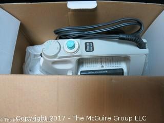 Collection of household appliances including 2 flatirons, hair dryer, knife sharpener, Hoover, Cuisinart chopper and cream whipper 