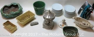 Eclectic collection including pottery, music box, electric flatiron and vintage miniature toy car 