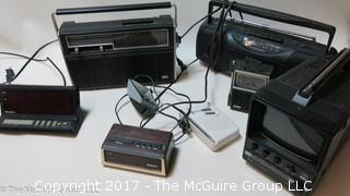 Collection including Emerson boombox, TMK TV, GE transistor radio and Realistic short wave radio 