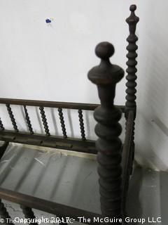 19th c spooled rocking cradle;  41 1/2"W x 22 1/2"L x 23T (corner posts are 40" tall); (Note: one base runner in need of repair)