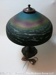 Circa 1920's Art Nouveau reverse painted glass Lamp; made by the Pittsburgh Lamp, Brass & Glass Co.,  vibrant colors; 16" diameter shade and metal base